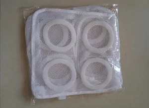 White mesh laundry bag with circular support frames for shoes washing and drying protection.
