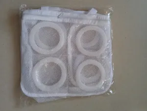 White mesh shoe washing bag with round support frames for anti-wear laundry protection.