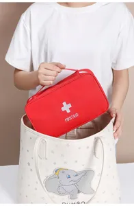 Portable red first aid bag travel emergency medical storage organizer with convenient handle