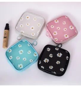 Cute daisy print square cosmetic bag multi-functional portable zipper makeup pouch set for women girls