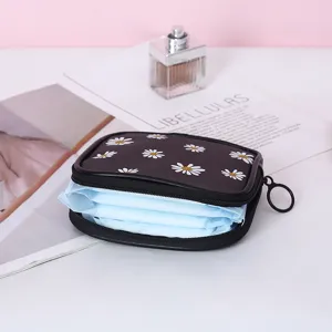 Portable black daisy sanitary napkin storage bag multifunctional cosmetic pouch for women