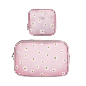 Pink daisy print cosmetic bag set, transparent portable storage pouch for makeup and daily items.
