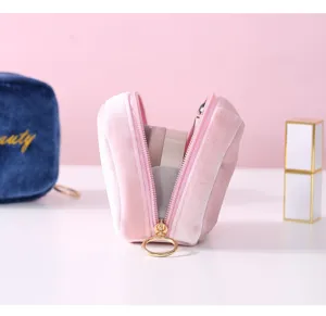 Pink velvet cosmetic bag portable zipper makeup pouch mini coin purse for lipstick items