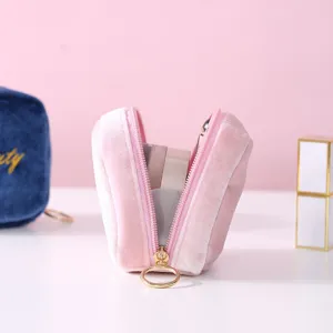 Pink velvet mini makeup pouch portable lipstick case cute multi-functional coin purse zipper bag