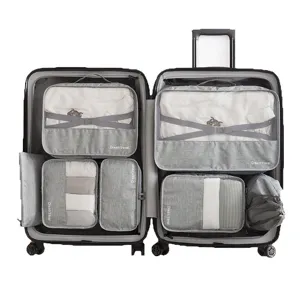 7-piece travel packing cubes set for suitcase, waterproof luggage organizers for clothes storage.