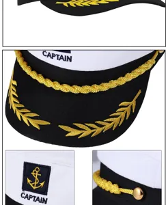 Chapeau de capitaine de marine adulte avec feuilles brodées d'or, cordelette et patch ancre.