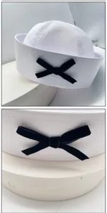 White sailor hat for women sweet JK navy hat with black velvet bow cute hat detail view