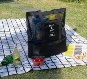 Black mesh beach tote bag with insulated bottom compartment for picnic travel and outdoor use.