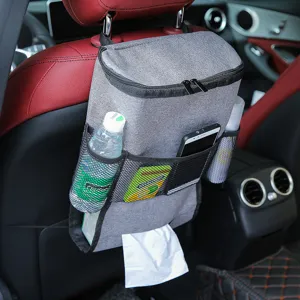 Car seat back organizer with insulated cooler bag, multi-pocket mesh storage and tissue holder.