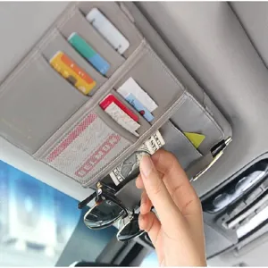 Organizador de visera para coche con múltiples bolsillos, tarjetero y soporte para gafas.