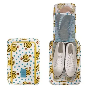 Borsa da viaggio per scarpe portatile con doppio scomparto, tasca in rete e stampa con smiley.