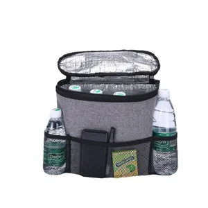 Car seat back organizer and insulated cooler bag with multiple mesh pockets for drinks and phone storage.