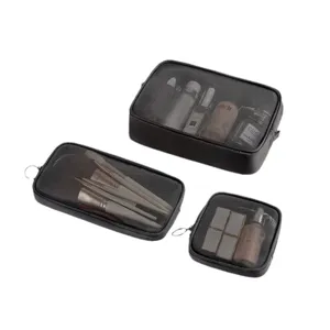 Set di 3 borse cosmetiche in rete nera organizer da toeletta trasparente borse per trucco da viaggio