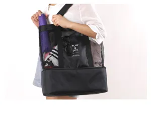 Large mesh beach bag with insulated bottom compartment, breathable travel tote for swimming.