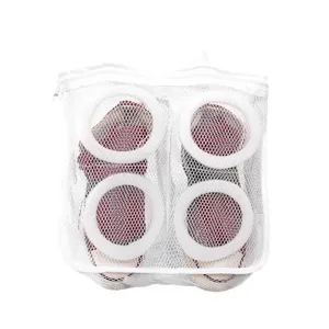 Mesh shoe laundry bag with protective foam rings for washing machine and easy drying use.