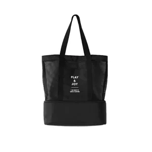 Large black mesh beach bag with thermal bottom, breathable tote bag for travel, picnic and swimming.