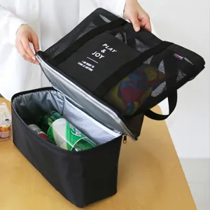 Black double-layer insulated picnic bag featuring breathable mesh and wet-dry separation.