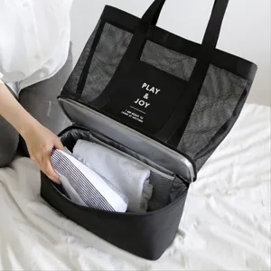 Black mesh travel beach bag dual layer picnic tote bag main view showing spacious interior