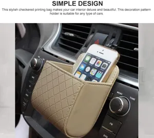 Detailed view of the PU leather car air vent storage bag holding phone securely in car.