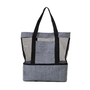 Large grey mesh beach bag with insulated cooler bottom compartment and durable black handles.