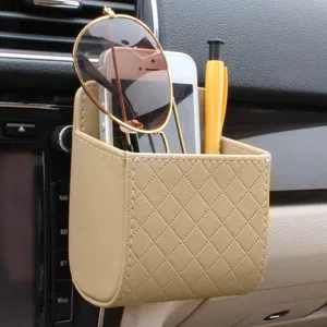 Car air vent storage bag, premium leather organizer for smartphone and glasses holder.