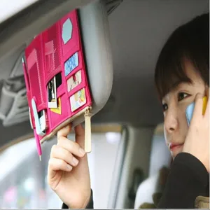 Organizador de visera solar para coche con bolsillos multiples y estuche rosa para auto.