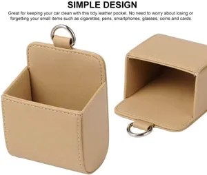 Beige leather car organizer pocket detail, showing fine stitching and metal hanging ring.