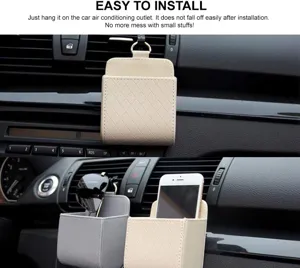 Car air vent storage bag PU leather automotive organizer pocket for phone glasses small items