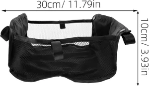 Detailed view of black stroller mesh storage bag with dimensions, showing durable material.