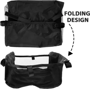 Detail view of the black universal stroller storage bag showing its convenient folding design.