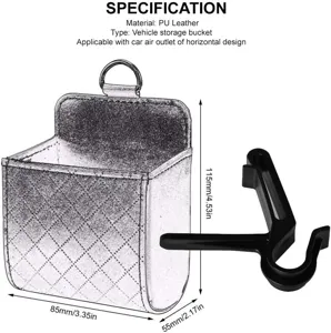 Car air outlet storage bucket detail dimension view, PU leather material organizer box specs.