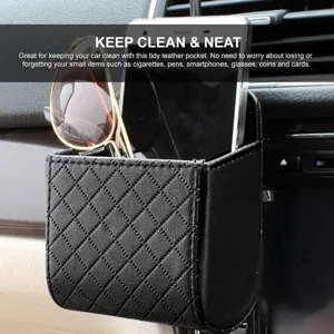 Car air vent storage pocket leather organizer for phone glasses keys black diamond grid