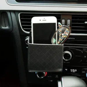 Car air vent storage bag black leather organizer pocket for phone glasses auto interior accessories
