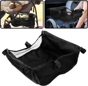 Universal stroller storage bag, black mesh hanging basket for baby pushchair organization.