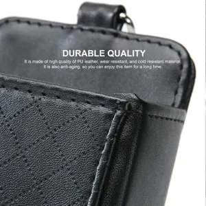 Detailed close-up view of black PU leather car air vent storage bag organizer detail.