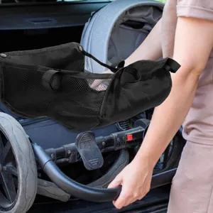 Universal baby stroller storage bag, black mesh hanging basket for pram organizer, durable.