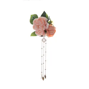 Hanfu floral tassel hair clip, elegant side spring clip with fake peony flowers and metal charms.