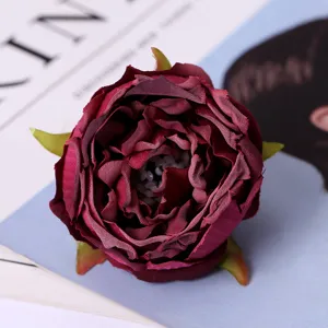 Artificial rose flower head dark red silk floral decor for home wedding photography props