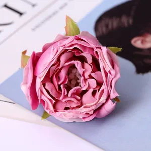 Pink artificial rose flower head silk floral for home wedding decoration photography props.
