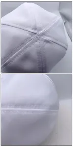 White hat top and side detail close-up showing fine twill fabric and stitching craft.