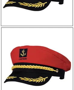 Vue détaillée de casquette de capitaine adulte, chapeau marin rouge noir brodé or.