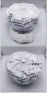 Gorra octagonal plateada de lentejuelas retro para fiesta disco 70s 80s actuación detalle.