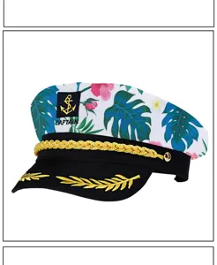 Casquette de capitaine de yacht avec imprimé floral tropical, broderie or et cordelette.