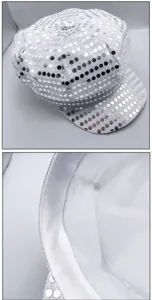 Gorra de periódico con lentejuelas plateadas retro octogonal para fiesta disco accesorio
