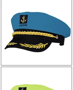 Chapeau de capitaine bleu pour adulte avec broderie dorée, idéal pour cosplay de marin et fêtes.