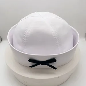 White sailor hat with black bow, classic dockworker cap, minimalist design for women main view.