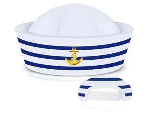 White navy sailor hat detail featuring blue stripes, golden anchor emblem and adjustable strap.