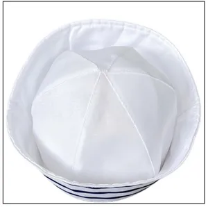 White sailor hat detail view, classic costume cap with blue stripes for party events.
