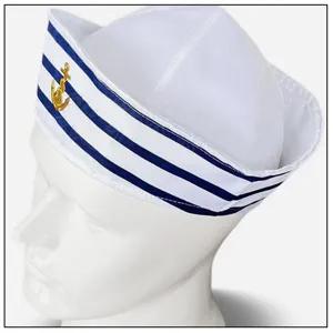 White sailor hat with blue stripes and gold anchor badge for costume party and cosplay event.
