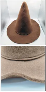 Detalle de sombrero de bruja de fieltro marron, textura suave y ala ancha visibles.